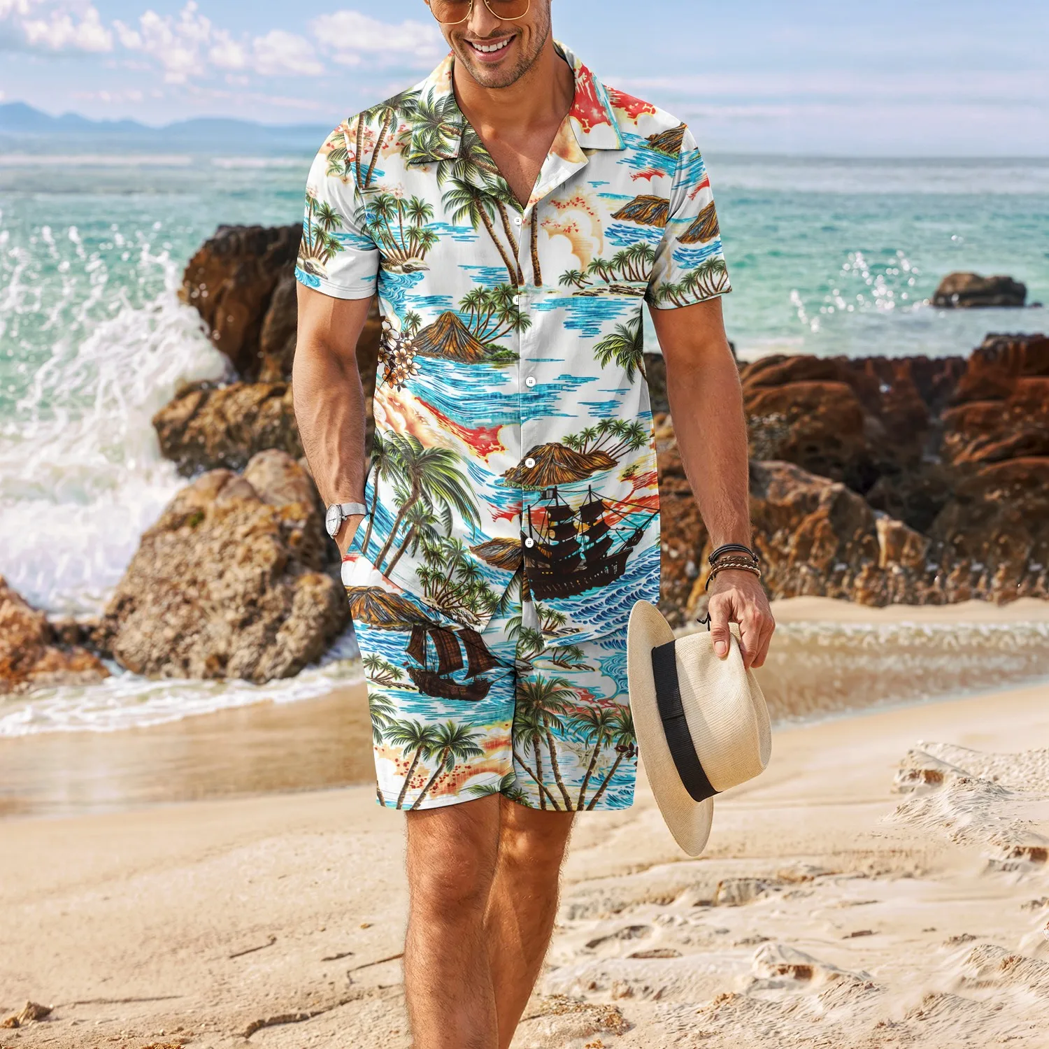 

Palm Tree Tropical Men's Degree 3D Printed Hawaiian Shirt and Shorts Set Casual Fashion Short Sleeve Shirt Set for a Lazy Summer