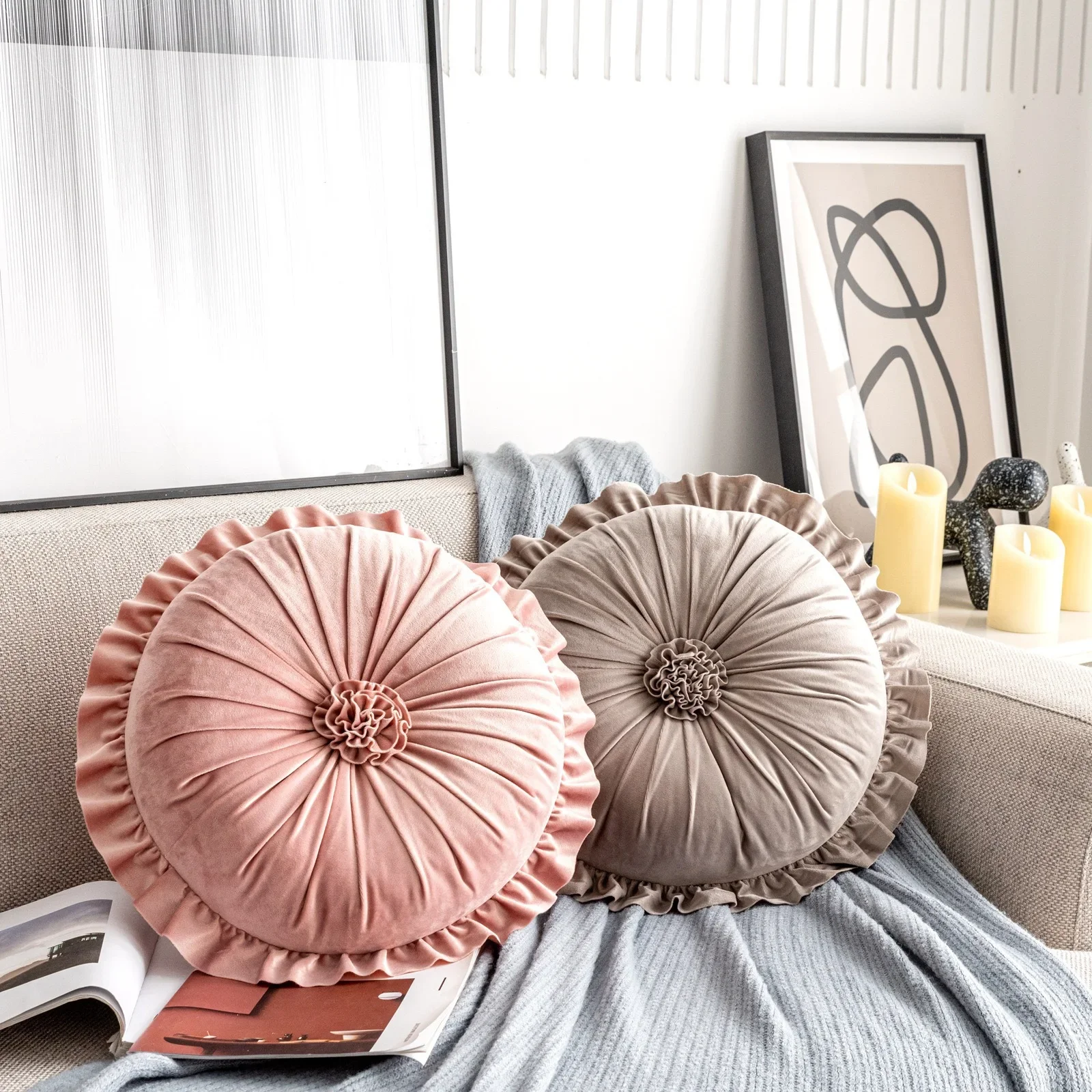 Ins Dutch Velvet Ruffled Flower Round Throw Pillow for Couch Decorative Seat/ Back Cushion for Sofa Bed Floor Baywindow Coussin