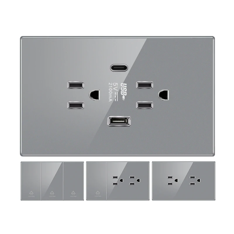 

ELEGAN Grey Tempered Glass Panel Mexican Standard 2.1A Type C Fast Charging American USB Socket 124*76mm Wall Socket Switch