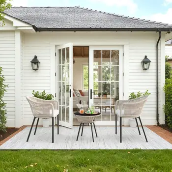 Juego de muebles de patio de 3 piezas, juego de bistró tejido con cuerda, juego de conversación para exteriores con 2 sillas anchas, cojines y mesa de vidrio templado 8 best sales Muebles de exterior - №1