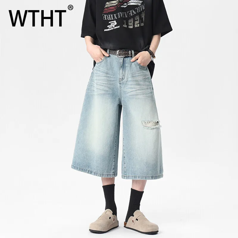 

WTHT модные мужские джинсовые шорты с градиентными отверстиями в американском стиле, винтажные широкие короткие брюки с высокой талией, мужские, лето 2029, 2A0950