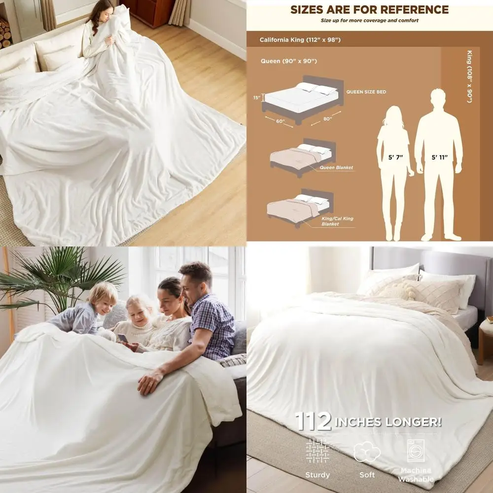 

Oversized Cal King Sherpa Fleece Blanket - Plush Warm Throw for Winter, 112x98 Inches, White