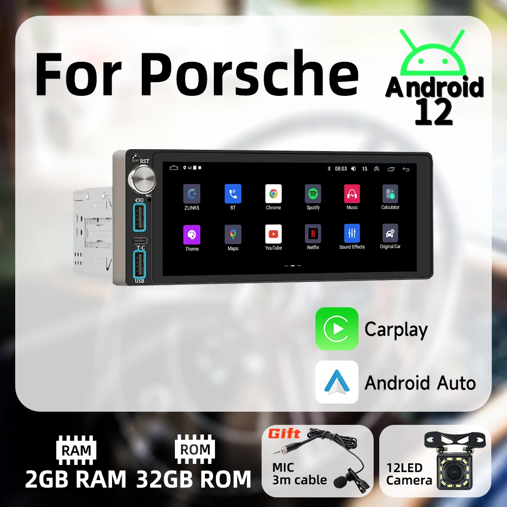 

Carplay Android Auto 1 Din Radio Android Car Multimedia for Porsche 6.86" Screen Stereo Head Unit Autoradio GPS Navigation Wifi