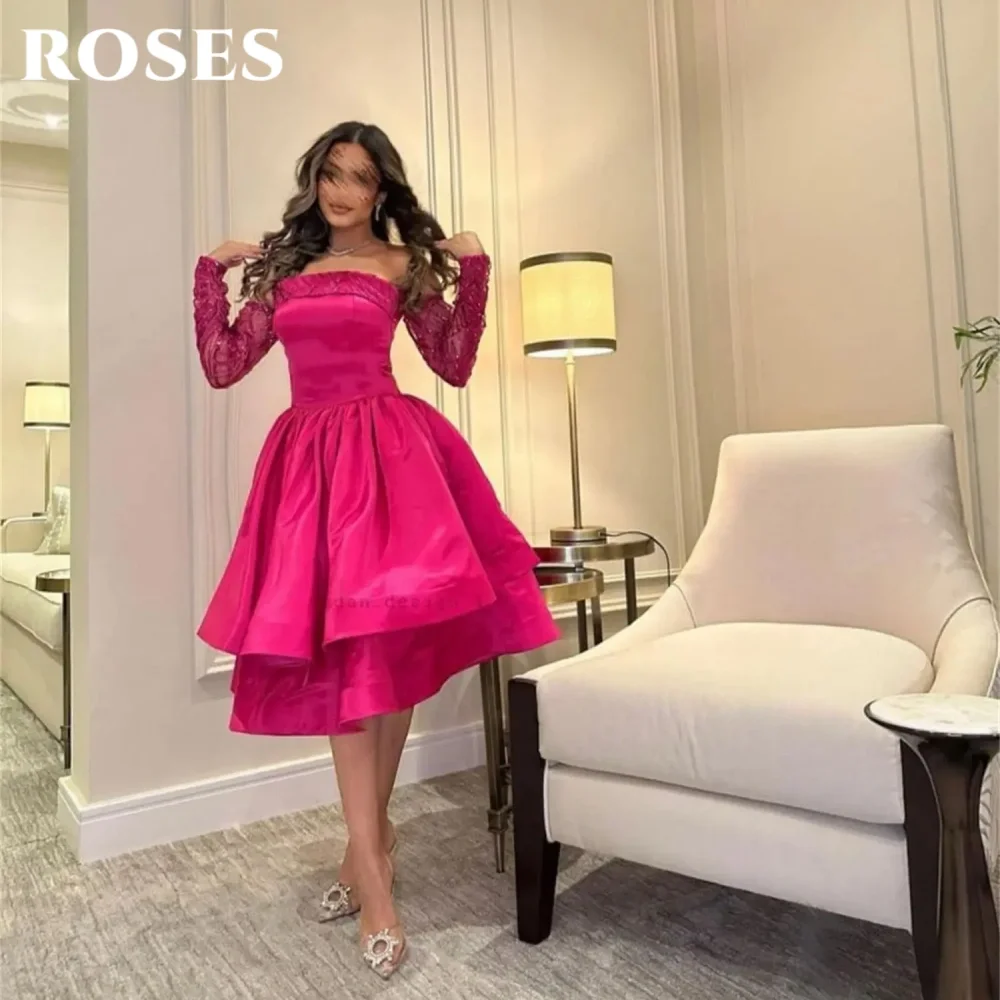 

ROSES Fuchsia Lace Prom Dress Sexy Strapless Sequin Formal Gown for Woman Satin Pleats Short Party Dresses robe de soirée femme