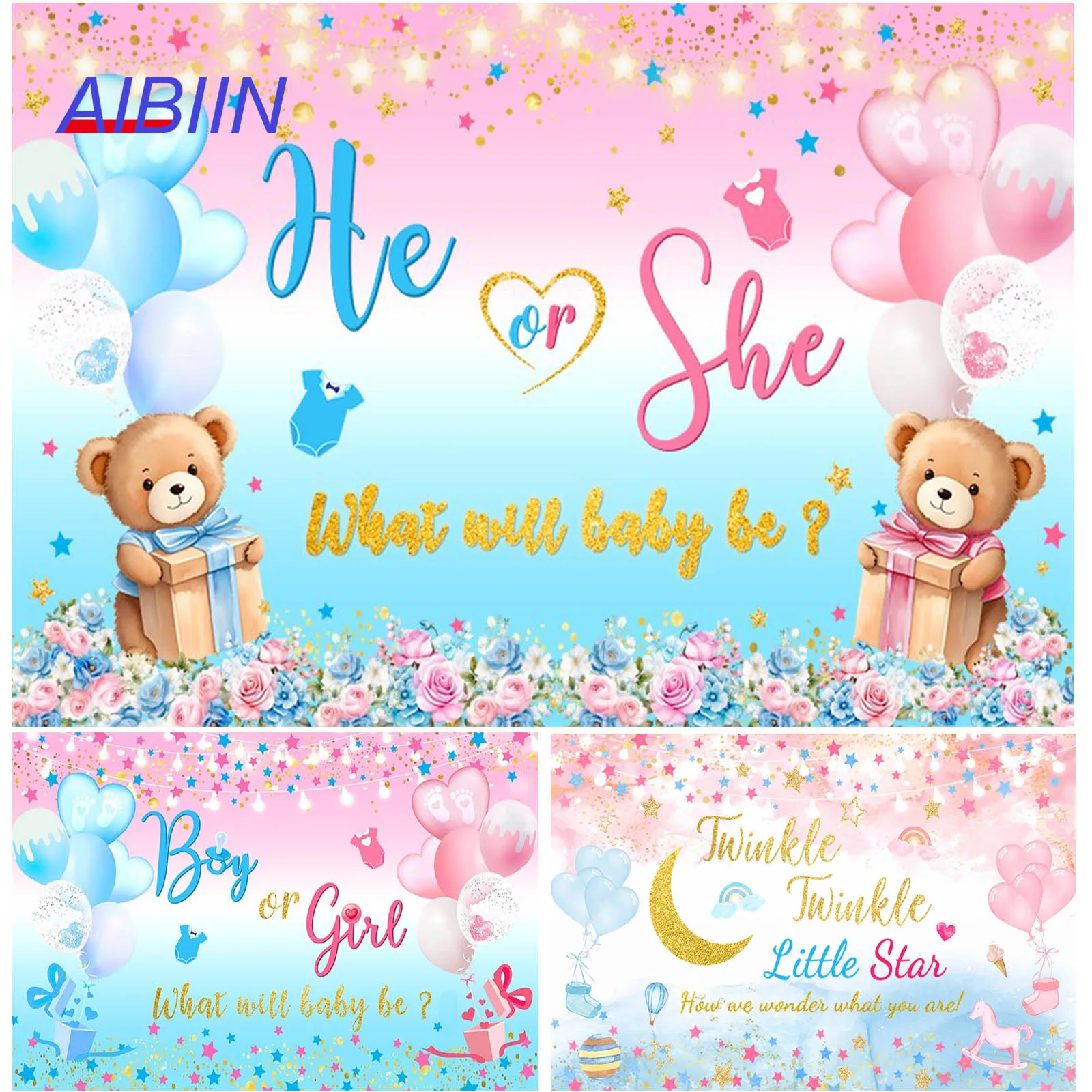 Fondo de revelación de género azul o rosa de acuarela, globos centelleantes de estrella pequeña, fondo de decoración para fiesta de Baby Shower de oso para niño o niña