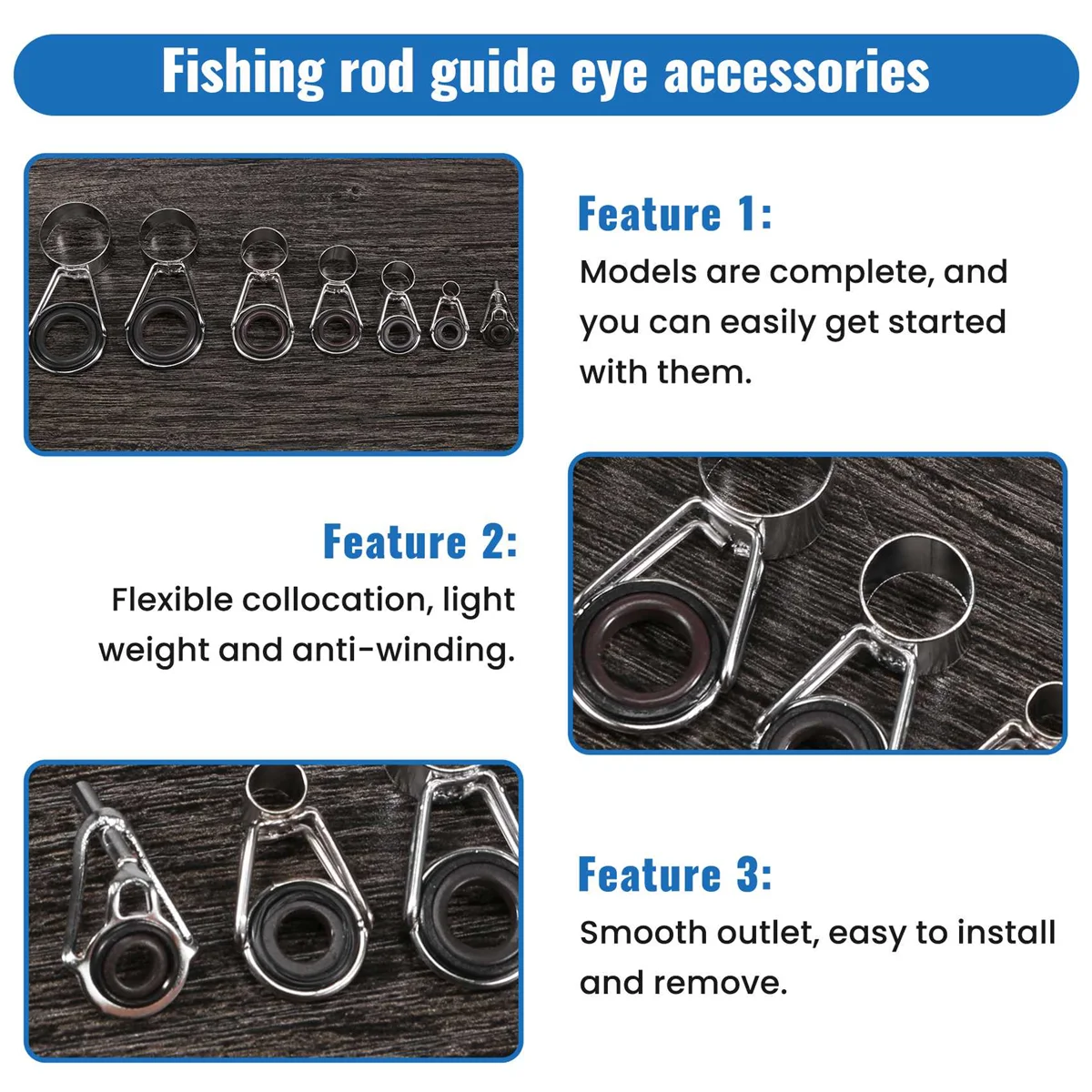 A39M 7Pcs Fishing Rod Guides Tip 7 Sizes Telescopic Tip Repair Kit Line Rings Eyes Set