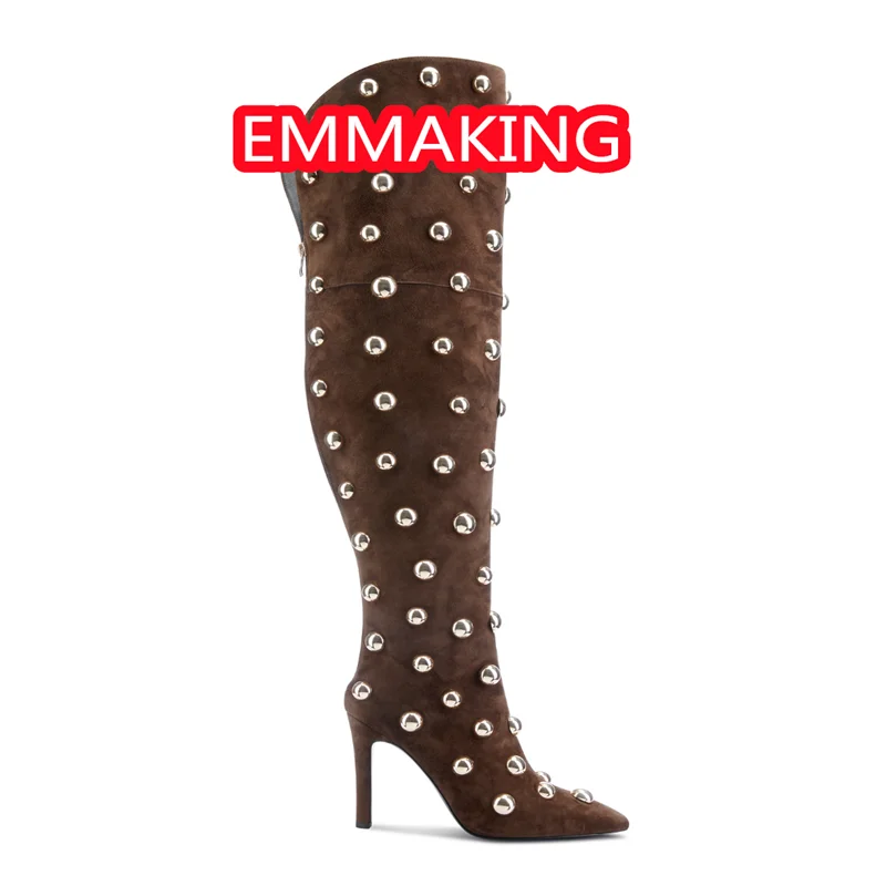 المدرج القهوة ريفيتس خنجر النساء الشتاء أحذية طويلة 2024 أشار تو موضة جديدة روما حفلة شيء أحذية عالية أحذية الزفاف #1
