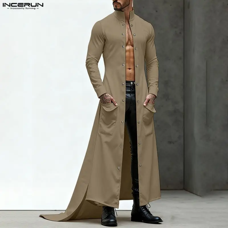 

INCERUN Men Long Style Trench Solid Lapel Long Sleeve Male Irregular Coats Streetwear Open Stitch Fashion Casual Cardigan Men