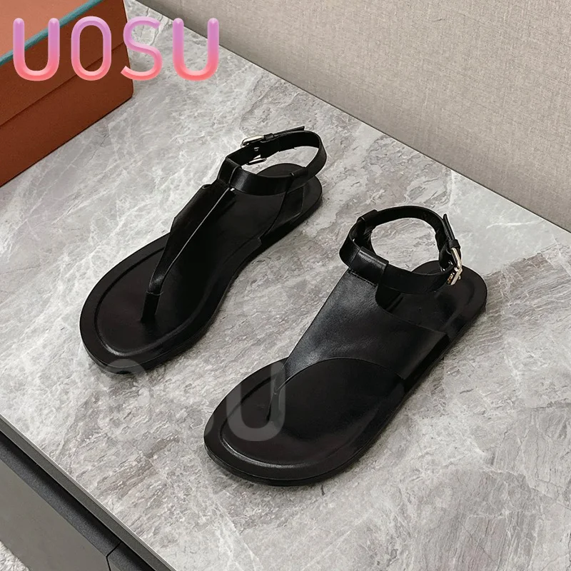 

Summer Simple Woman Sandals T Clip Feet Calf Leather Flat Shoes Leaky Toes Hollow Ventilation Outdoor Ankle Strappy Ladies shoes