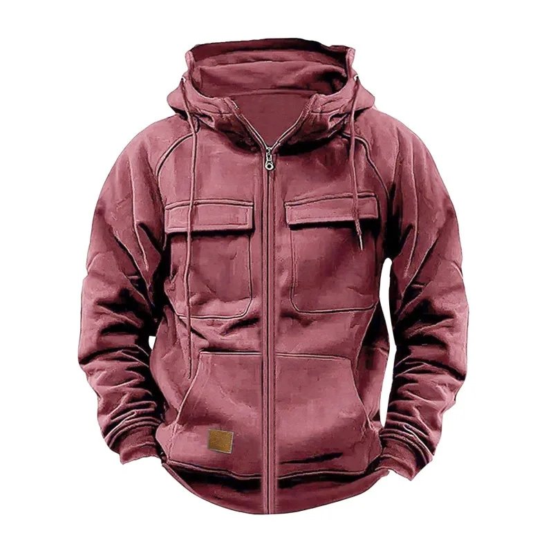 New Autumn Winter Men's Hooded Solid Color Sweatshirt European American Youth Sports Multi-pocket Leather Jacket