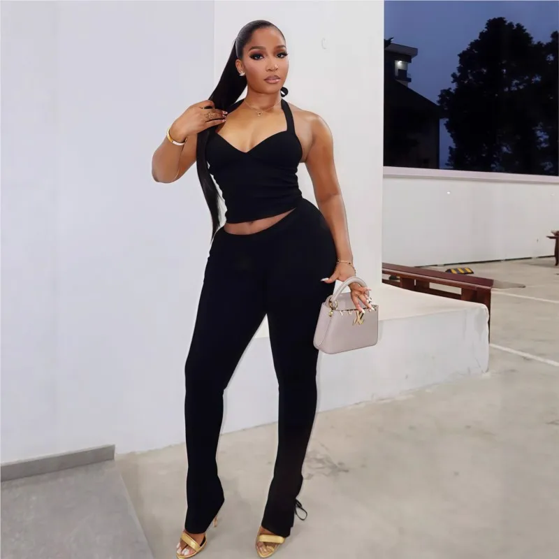 

Sexy Women Two Piece Set Solid Color Slim V-neck Low Cut Halter Neck Cropped Vest Top + Skinny Pants Leggings Suits Pants Sets