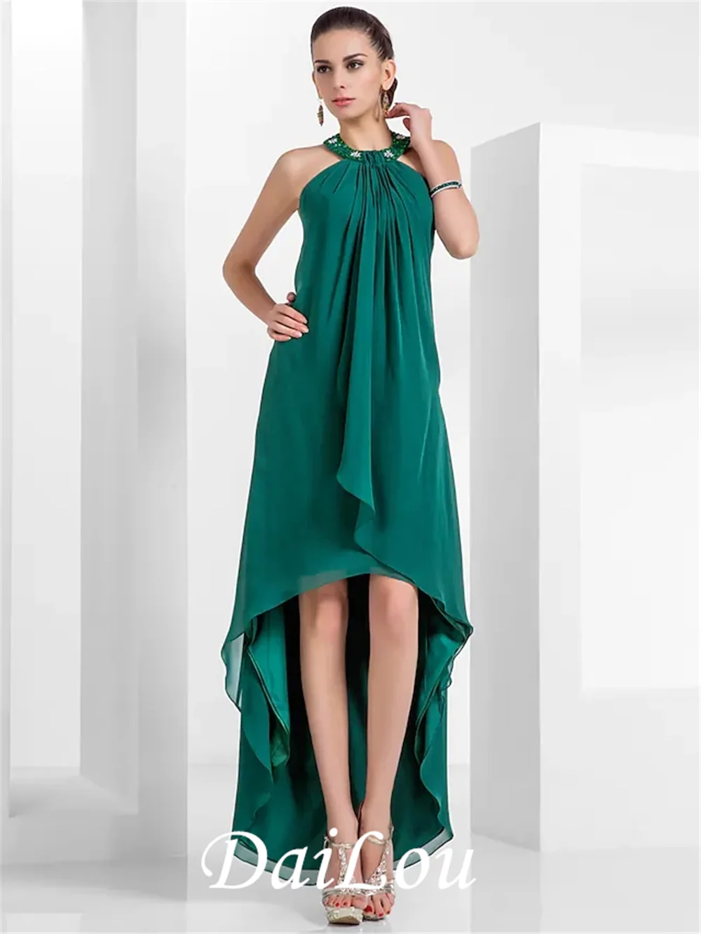 

A-Line Elegant High Low Cocktail Party Prom Dress Halter Neck Backless Sleeveless Asymmetrical Chiffon with Pleats Beading