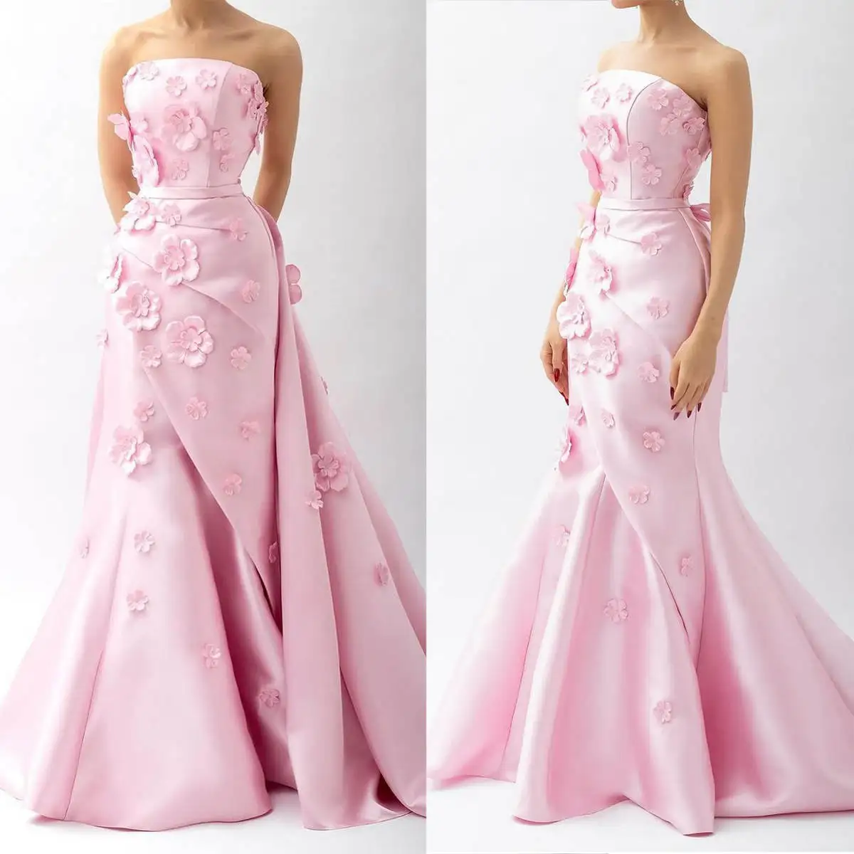 Modern Prom Dresses 3D Flowers Evening Gowns Detachable Train Lace Up Strapless Mermaid Princess Robes de soirée Party Dress