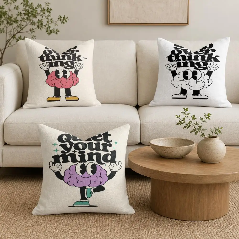 Brain Retro Cartoon Quotes Cushion Cover Natural Linen Organic Fabric Double-Sided Printing Sofa Home Decor Gift Pillow Cover