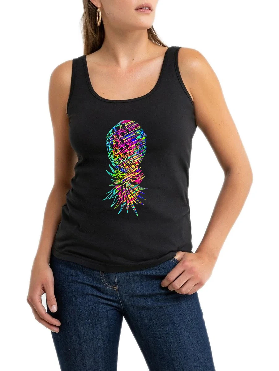 Swinger Upside Down Colorful Pineapple Tank Tops Hot Wife Sexy Slim Fit Sleeveless Tops Gym Fitness Camisole