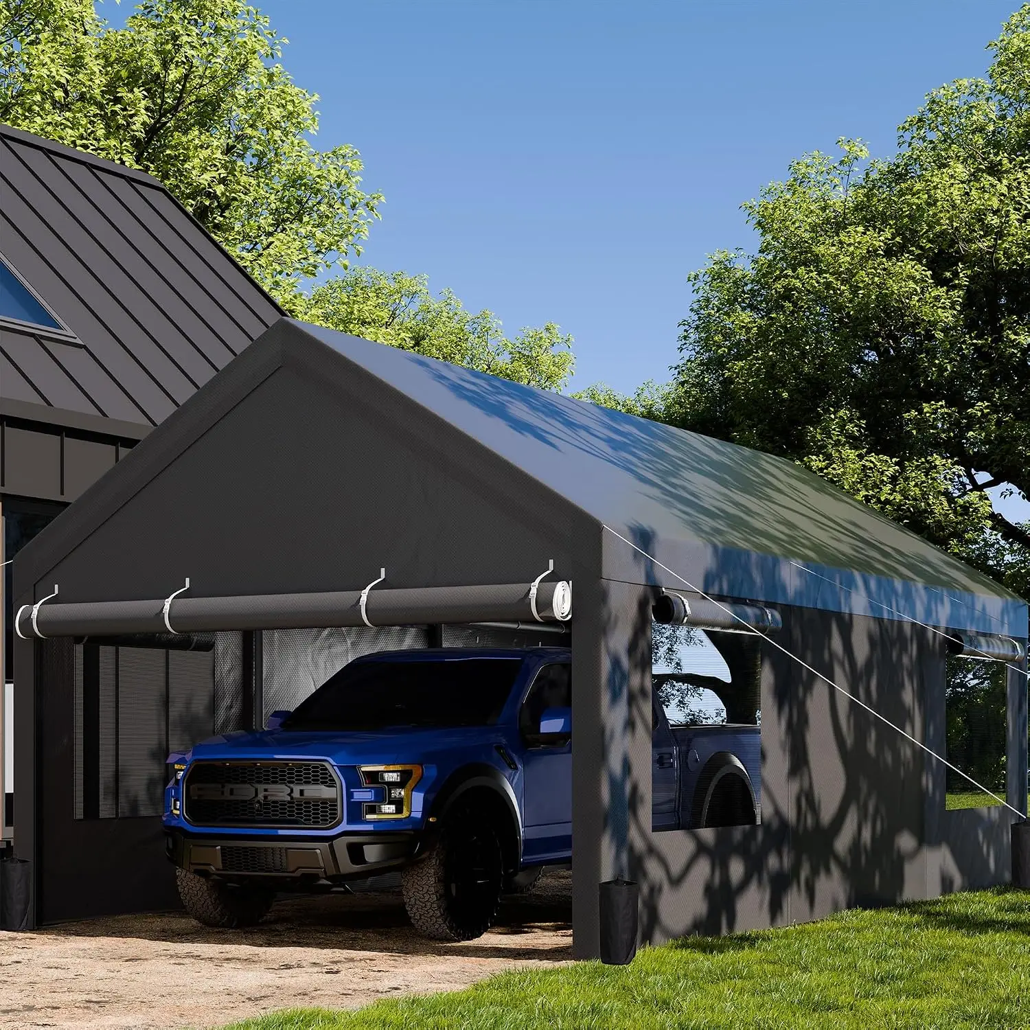 12x20 ft Heavy Duty Carport with Roll-up Windows, Portable Garage with Removable Sidewalls & Doors, Car, Customized