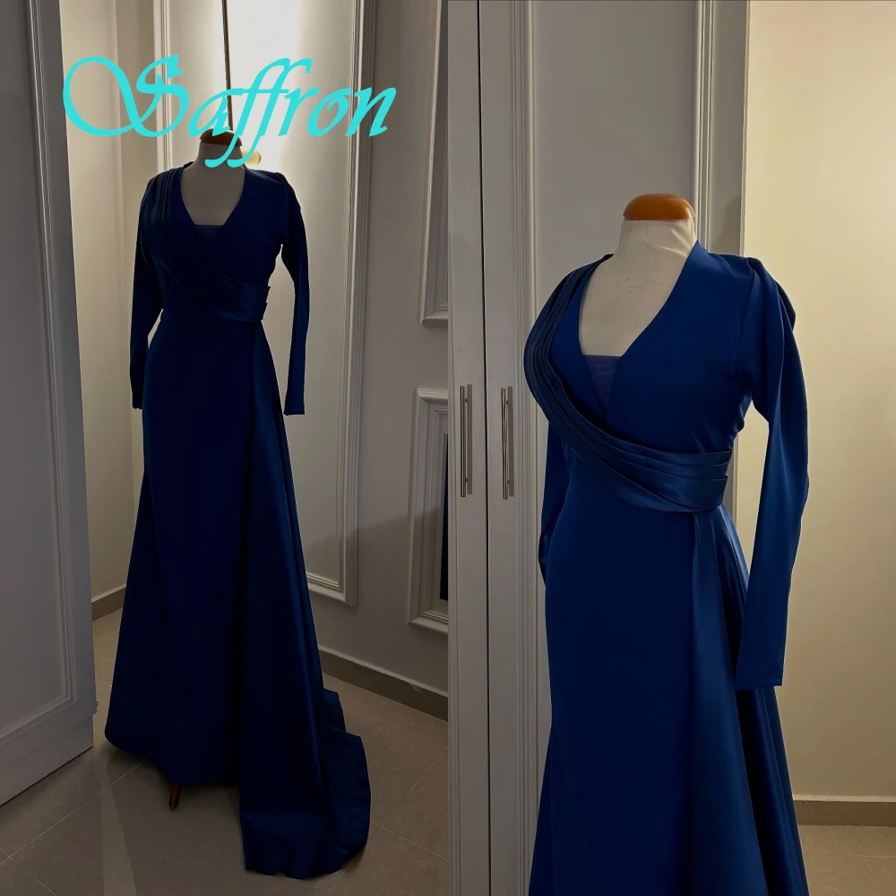 

Customized Formal Blue V-Neck Long Sleeves Evening Dress High Quality Satin Prom Dresses Delicate A-Line Homecoming Gowns