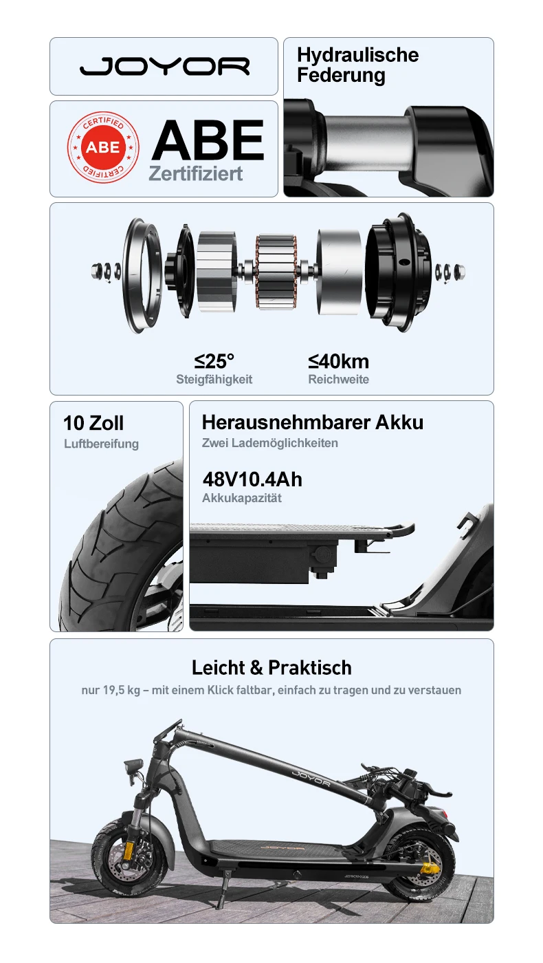 JOYOR C10E(ABE) Elektroroller für Erwachsene E-Scooter 48V10.4AH Akku 10'' Reifen Scheibenbremsen City E-Roller – Detail 2