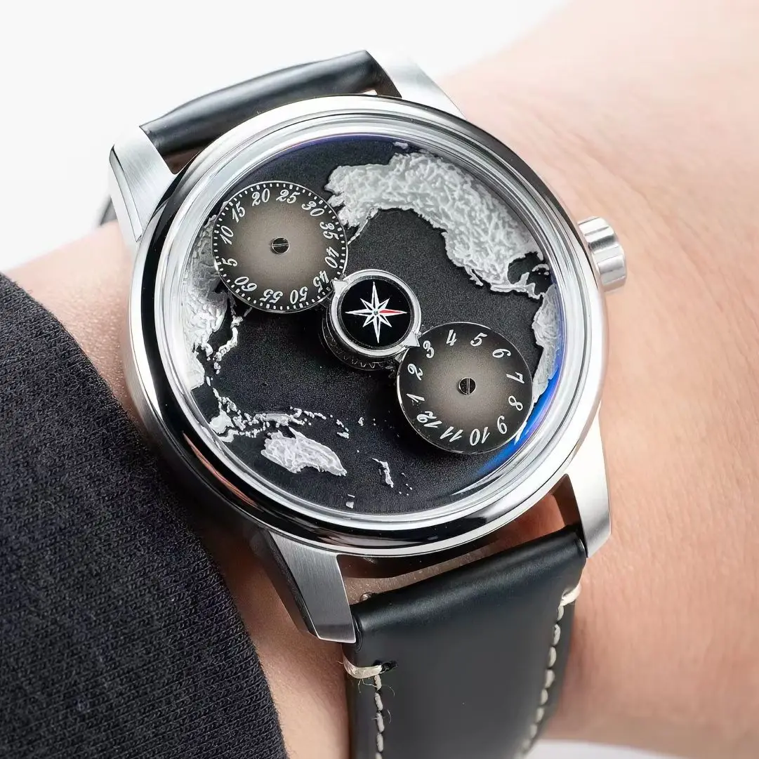OBLVLO Men Automatic Watch 41mm Mechanical Wristwatch Luminous Waterproof Sapphire Mirror Earth Dial Time Rotatable Small Disks
