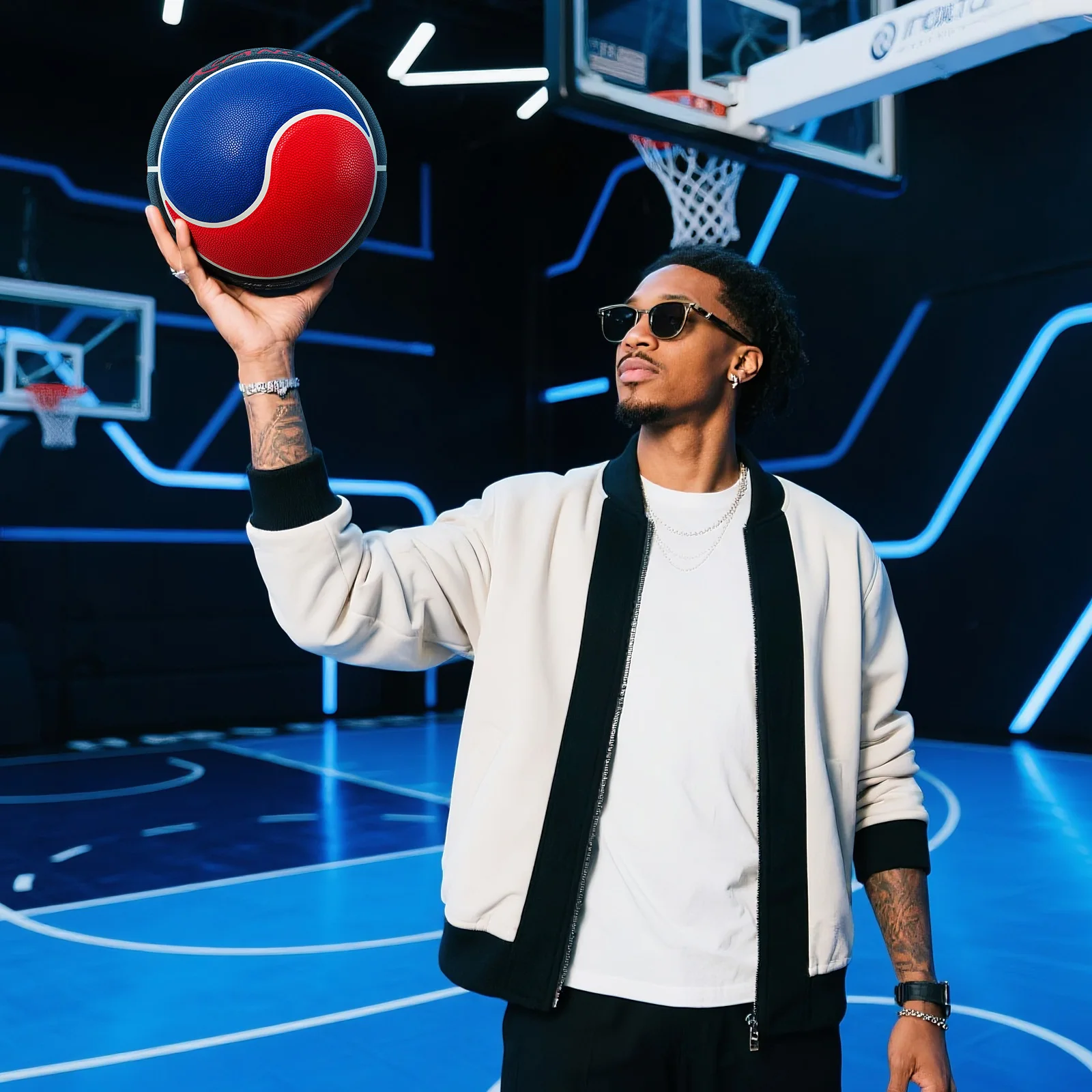 Баскетбольный мяч Kuangmi Yin Yang, официальный размер 729,5 дюйма), уникальный символ тай-чи красного и синего цвета, для использования в помещении и на открытом воздухе