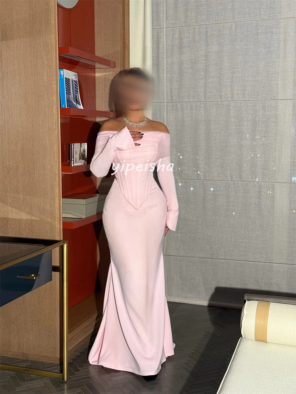 تخصيص جودة عالية بسيطة جيرسي الطية Ruched حورية البحر خارج على الكتف فساتين طويلة فساتين السهرة رائعة أنيقة مثير #4