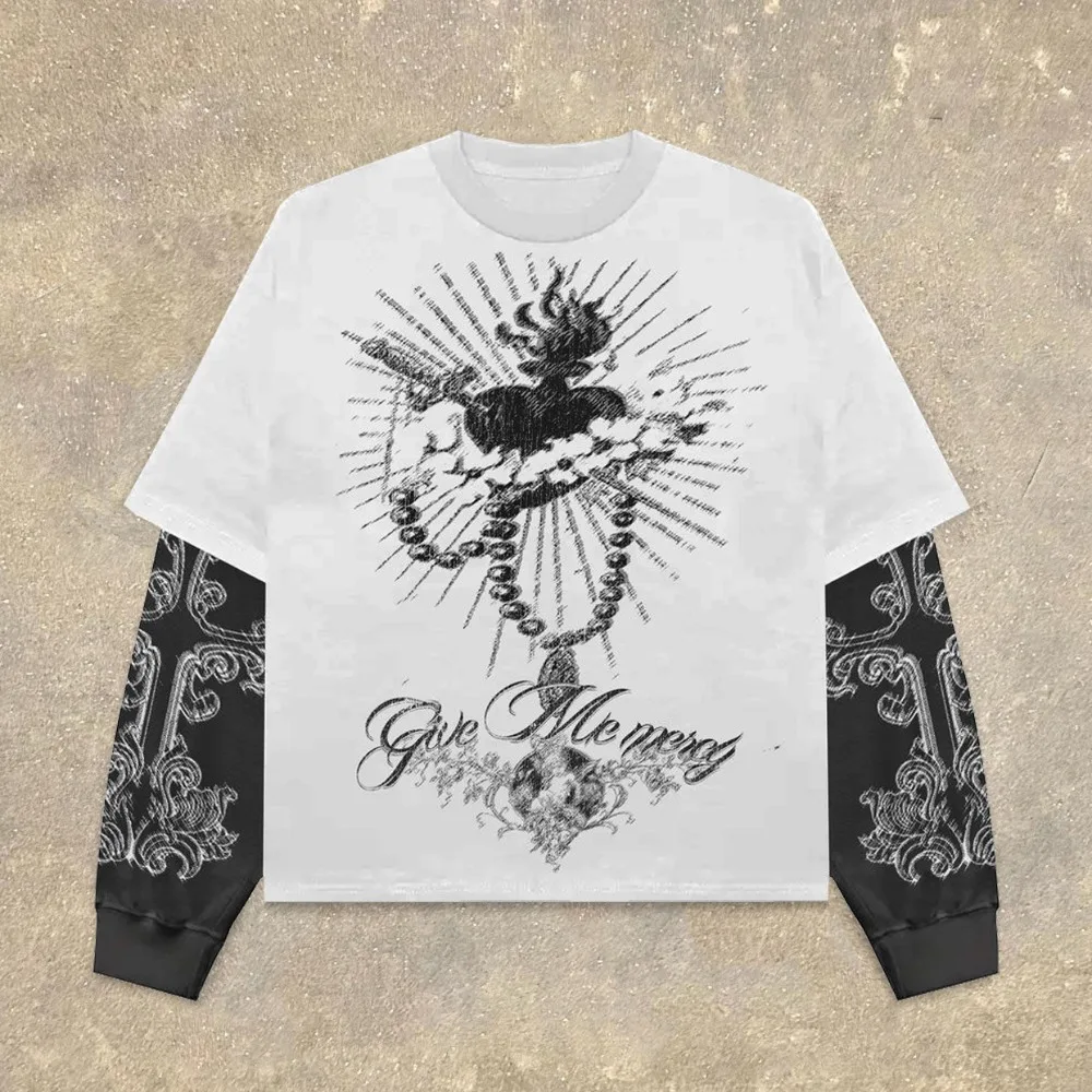 Oversized Vintage Washed Cotton Fake Two-Piece T-Shirt, Gothic Graphic Black & White Layered Long Sleeve Top, Y2K Dark Aesthetic