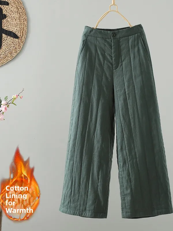 Thiened Cotton Linen Wide Leg Pants Women's Loose Casual Trousers High Waist Long Pants Winter Warm Faion Ladies' Clothing