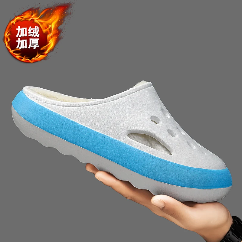 داخلي المنزل أحذية قطنية شتاء دافئ أفخم الفراء قباقيب لينة نصف أحذية للرجال النساء عارية الذراعين الصنادل المطاطية حديقة الأحذية