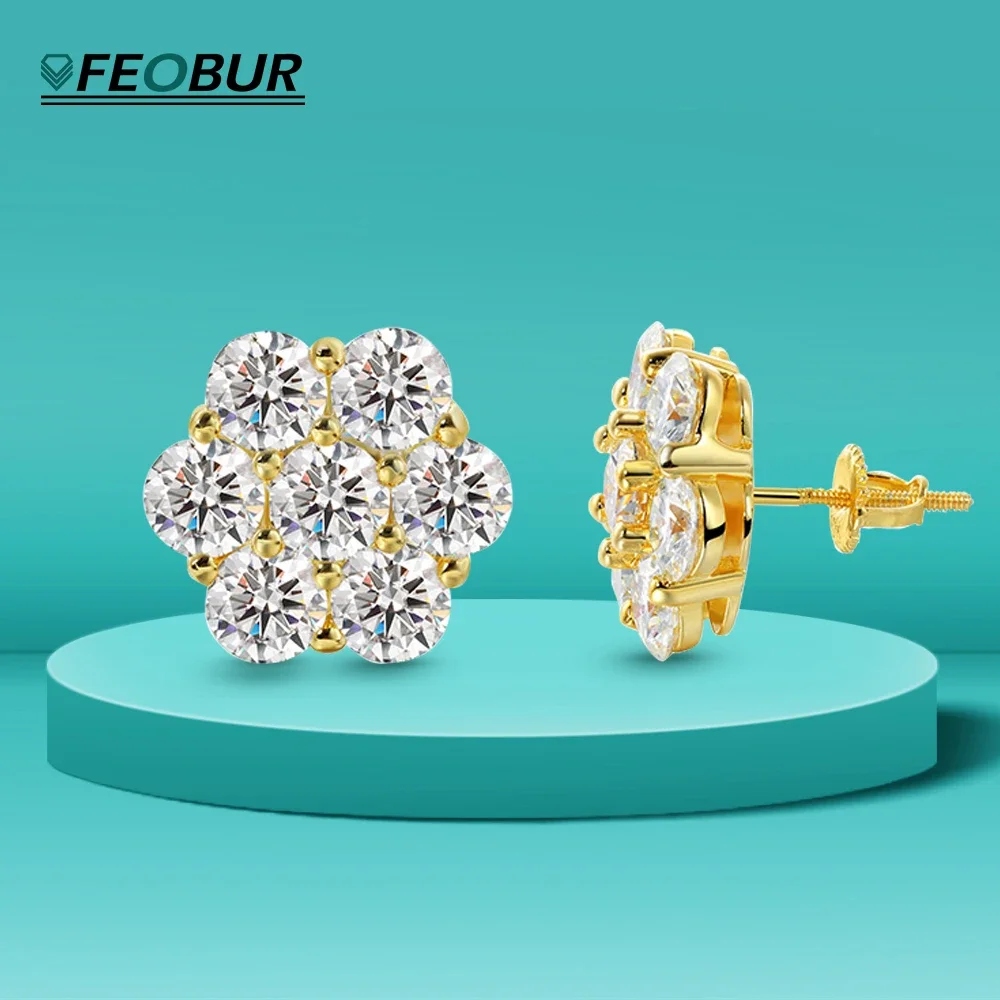 FEOBUR 7ct Moissanite Flower Earrings Screw Backs for Women 925 Sterling Silver Plated 18k Gold Diamond Cluster Earring with GRA