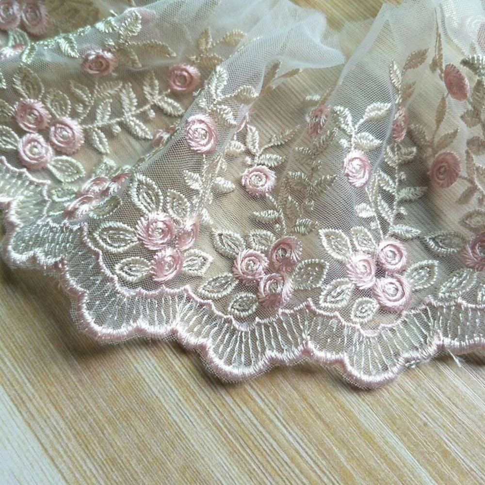 1 Yard Pink Beige Embroidered Lace Edge Trim Ribbon Wedding Applique DIY Sewing Craft 10CM Widths