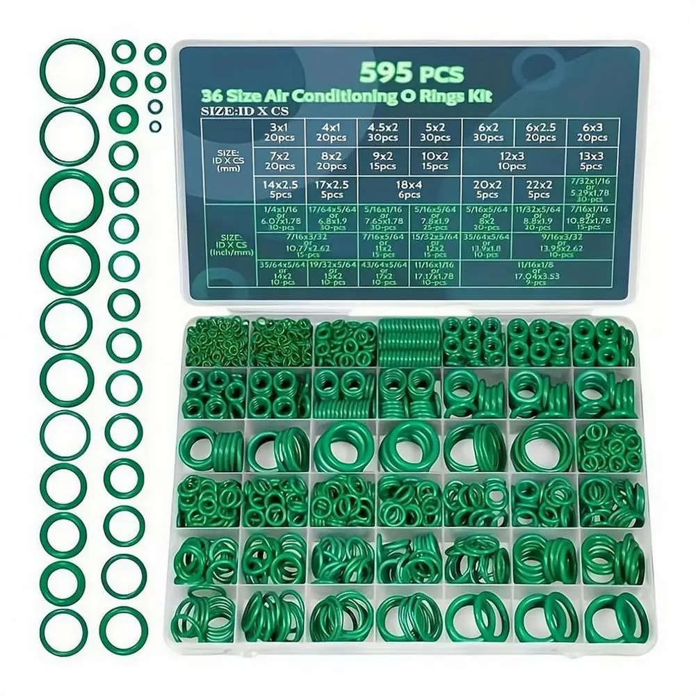 595Pcs 36 Sizes AC O-Ring Kit, Green Nitrile Rubber Seals for Car Air Conditioning Compressor, Automotive Seal Assortment