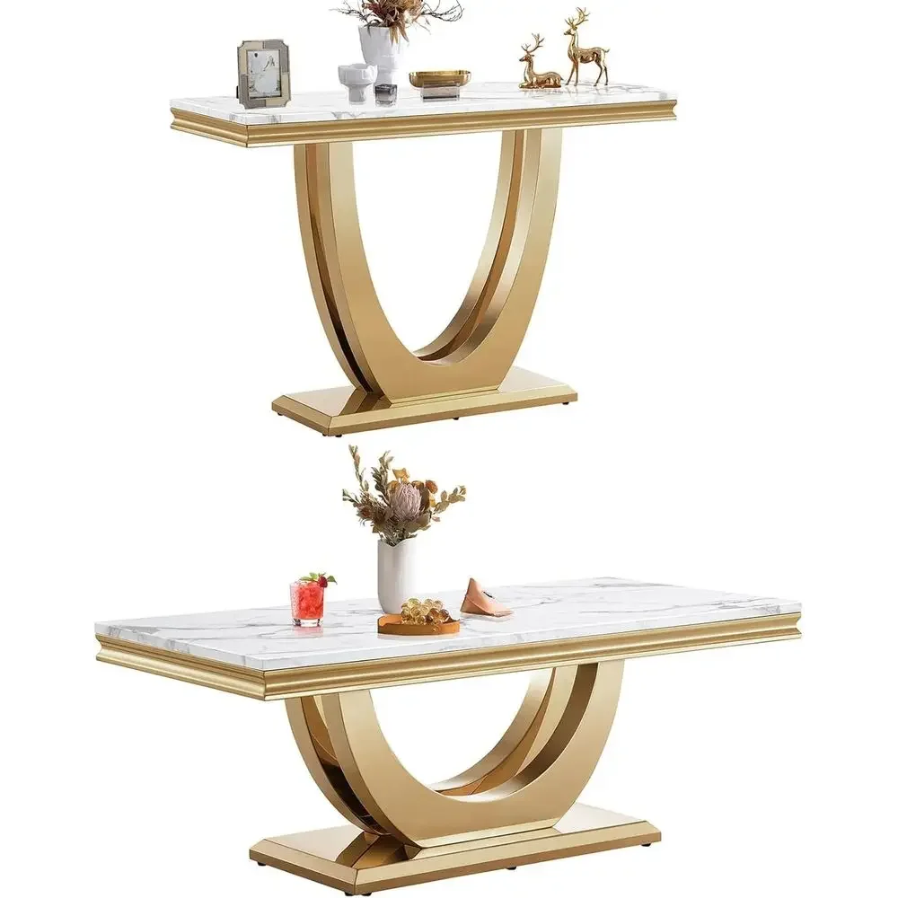 

2-Piece Living Room Table Set: Marble Coffee Table and End Table with White Gold Finish and U-Shaped Mirrored Steel Base