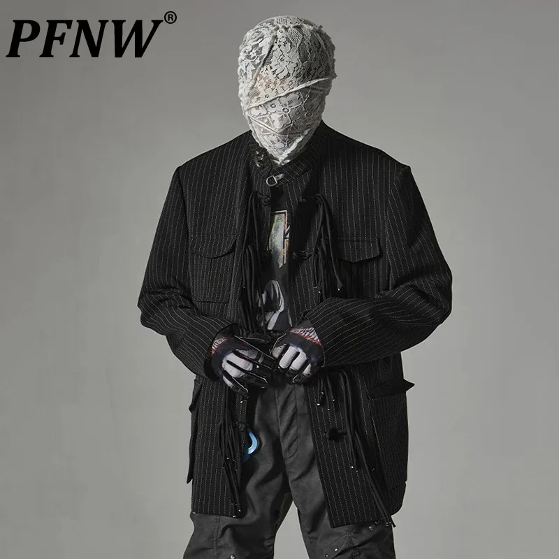 PFNW Punk Style Men\'s Jackets Vertical Striped Male Tops Stand Collar Loose Clothing New Stylish Summer Knot Buttons 12C196