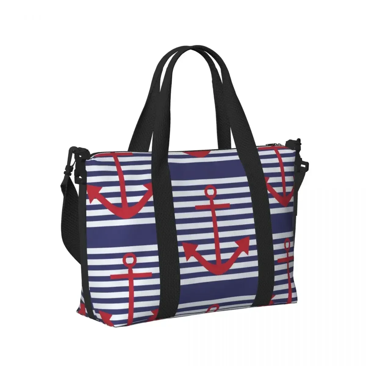 Navy Blue Stripes Nautical Anchor Beach Travel Bag Large Capacity Tote Bags for Gym Sport Women Shopping Duffle Shoulder Bag
