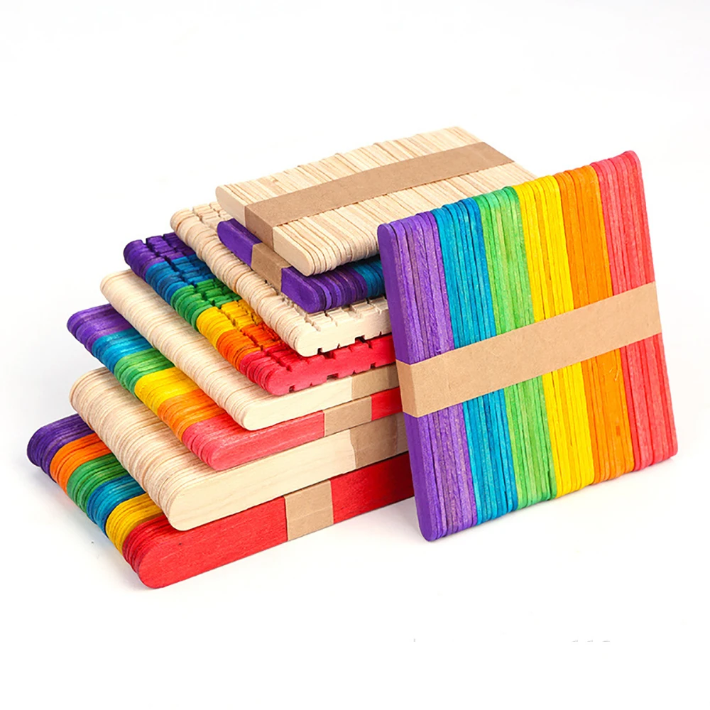 UPORS 50Pcs/Set Ice Cream Sticks Natural Wooden Ice Pop Popsicle Sticks Colorful Wood Craft Sticks for Children DIY Homemade