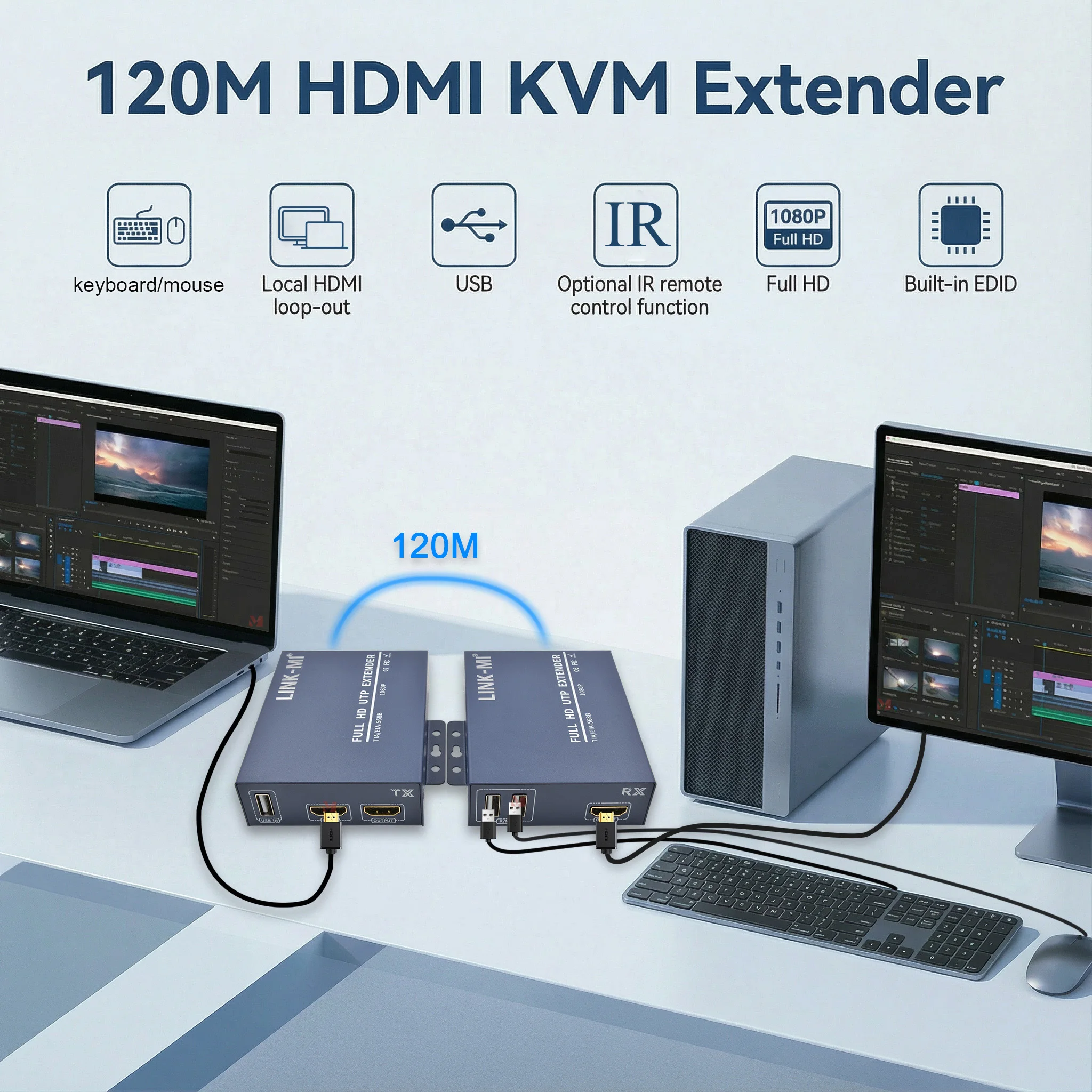 

Удлинитель HDMI KVM 120M 1080P Full HD с передатчиком и приемником через один кабель Cat5e/6, поддержка локального выхода на выходную линию