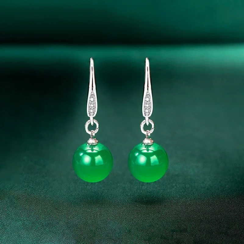 

10mm Natural Green Jade Bead Drop Earrings 925 Silver Jadeite Chalcedony Amulet Fashion Charm Jewelry Gifts for Women Her