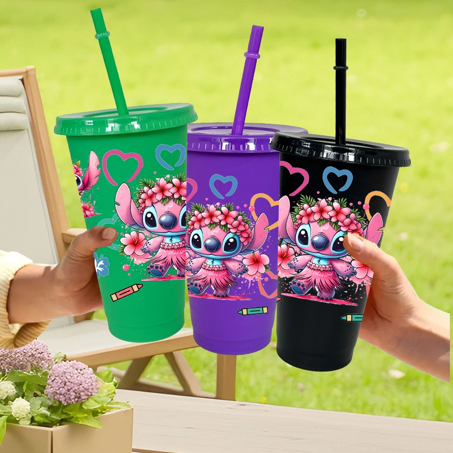 12 Teile/paket Disney Stich Floral 26 unzen Farbige Kunststoff Tumbler Geburtstag Party Trinken Utensilien Saft Kaffee Becher