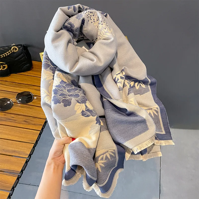 

winter New cashmere-like thickened elegant peony jacquard scarf women's fashionable warm shawl