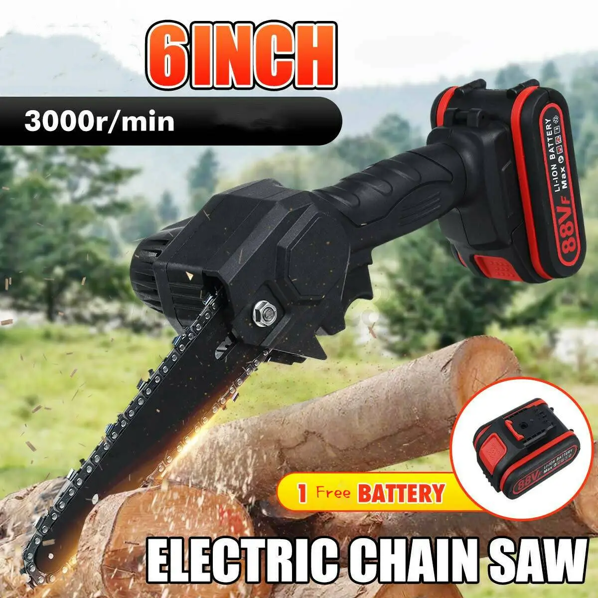 Magnitt 6 Inch 88VF Mini Electric Chain Saw with 1/2 Upgraded Battery Rechargeable Woodworking Pruning One-handed Garden Tool