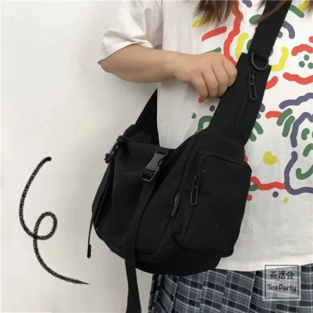 Japanese Harajuku Women Messenger Bag Solid Color Canvas Crossbody Bags Student Large Capacity Handbags Shoulder Bag image 2