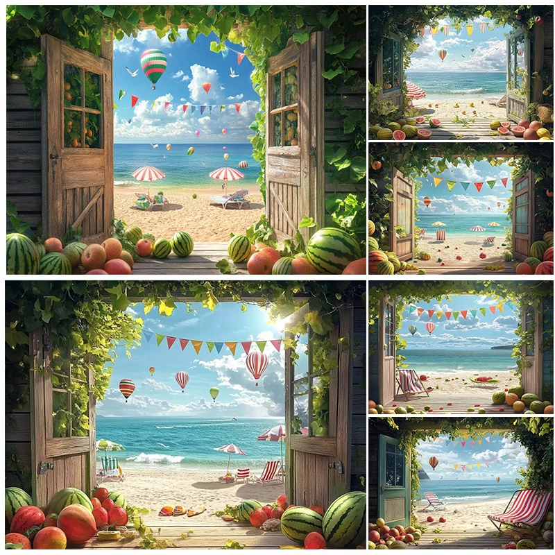 

Summer Beach Backdrop Hawaiian Seaside Tropical Fruit Watermelon Wood House Tent Parasol Holiday Party Photography Background