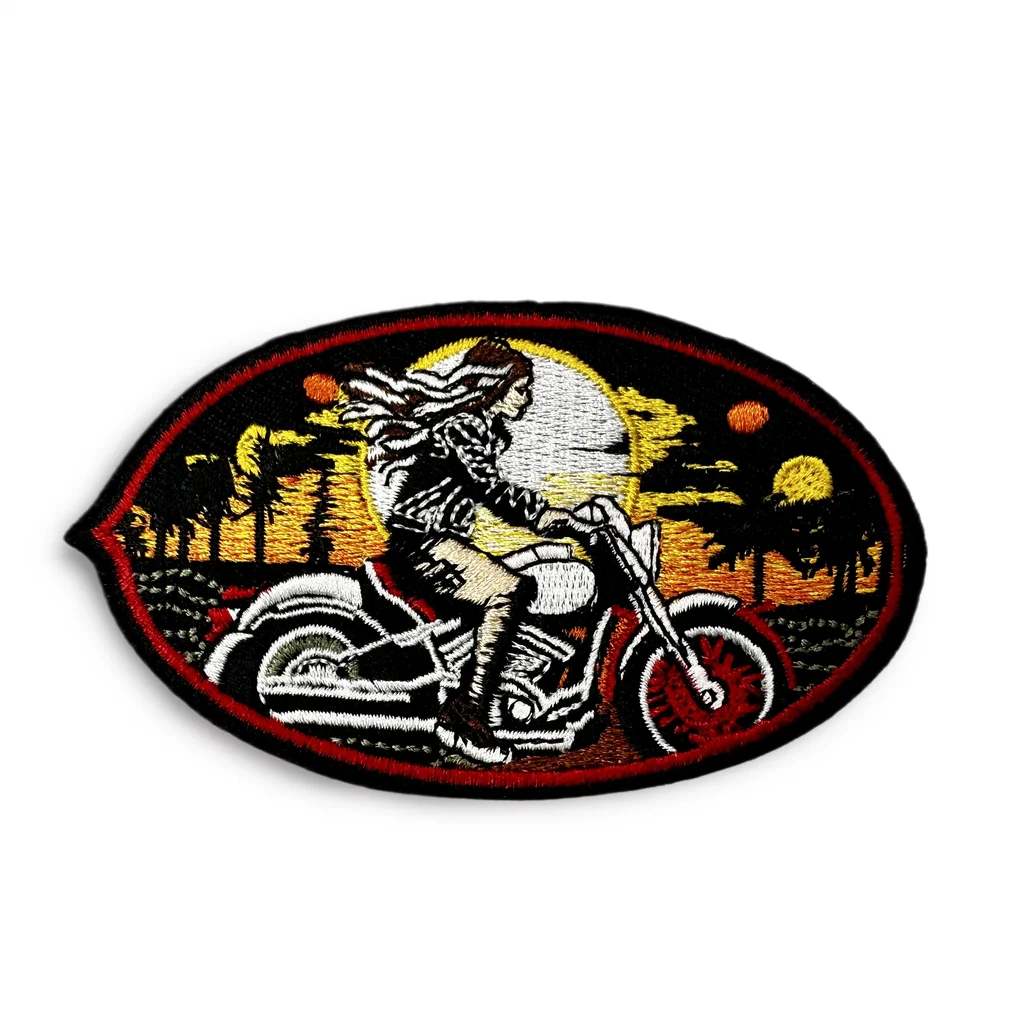 Biker Long Hair Woman Cool Sunset Ride Embroidered Patches for Clothing Iron on MC Rider 3.5inch wide for Jackets Jeans Vest