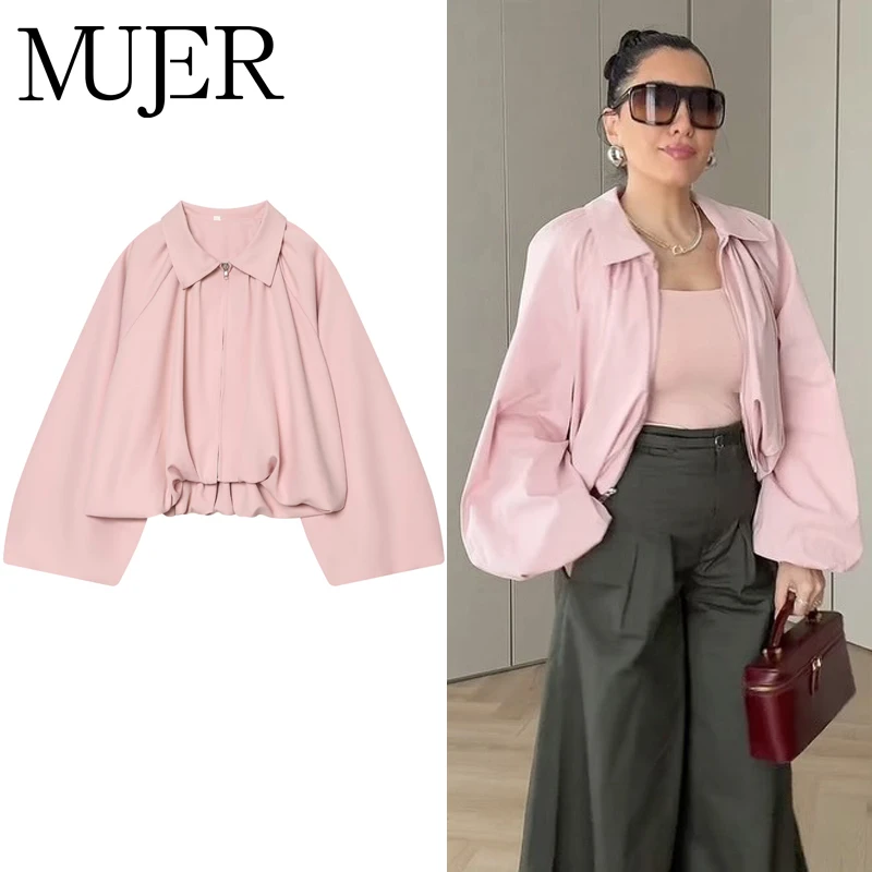 MUJER Cropped Bomberjacken für Damen Reißverschluss Lässige Oversize-Jacke Damen Ballonärmel Mantel Weibliche Lose Damenmäntel