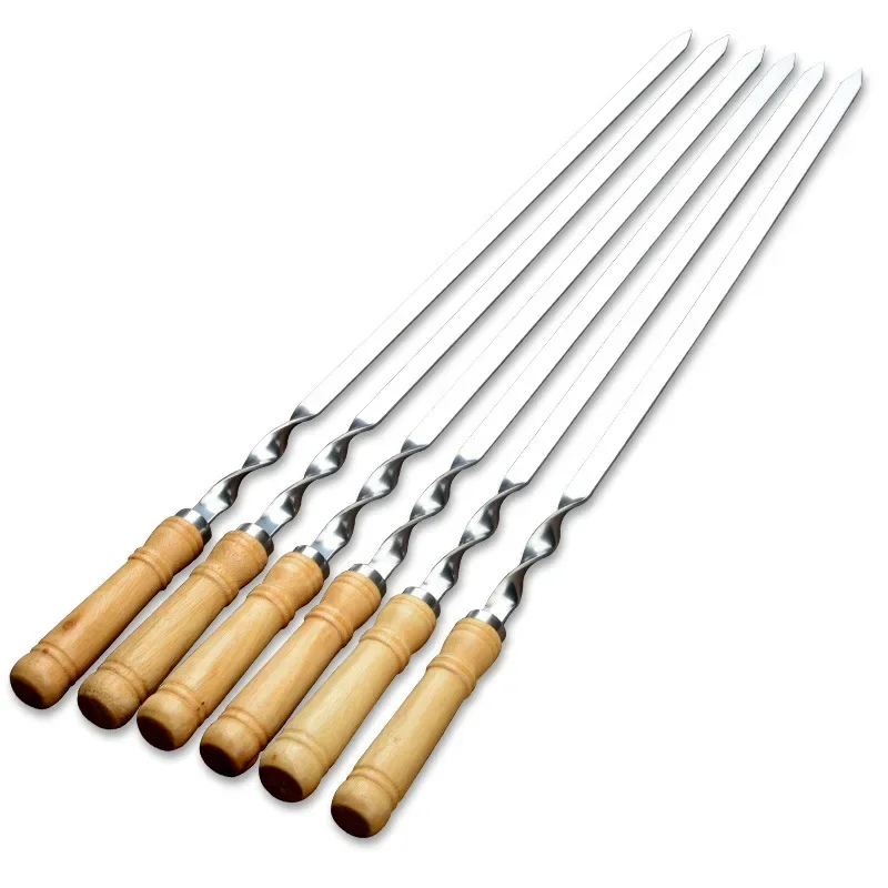 55cm BBQ Skewers Long Handle Shish Kebab Barbecue Grill Sticks Wood BBQ Fork Stainless Steel Outdoor Grill Needle BBQ Tools