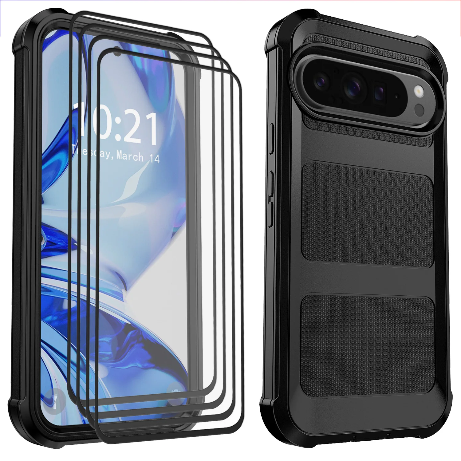 

Черный чехол для Google Pixel 9/9 Pro/9 Pro XL, противоударный гибридный двухслойный чехол с зажимом и 4 прозрачными защитными пленками для экрана