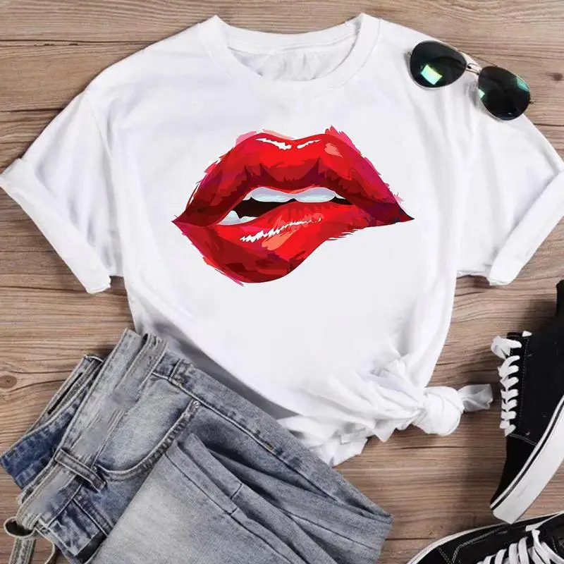 Women lip watercolor sexy lip sweet Print T Shirt Female Graphic Top Short Sleeve Fashion  Summer Tshirts casual Tee T-Shirt