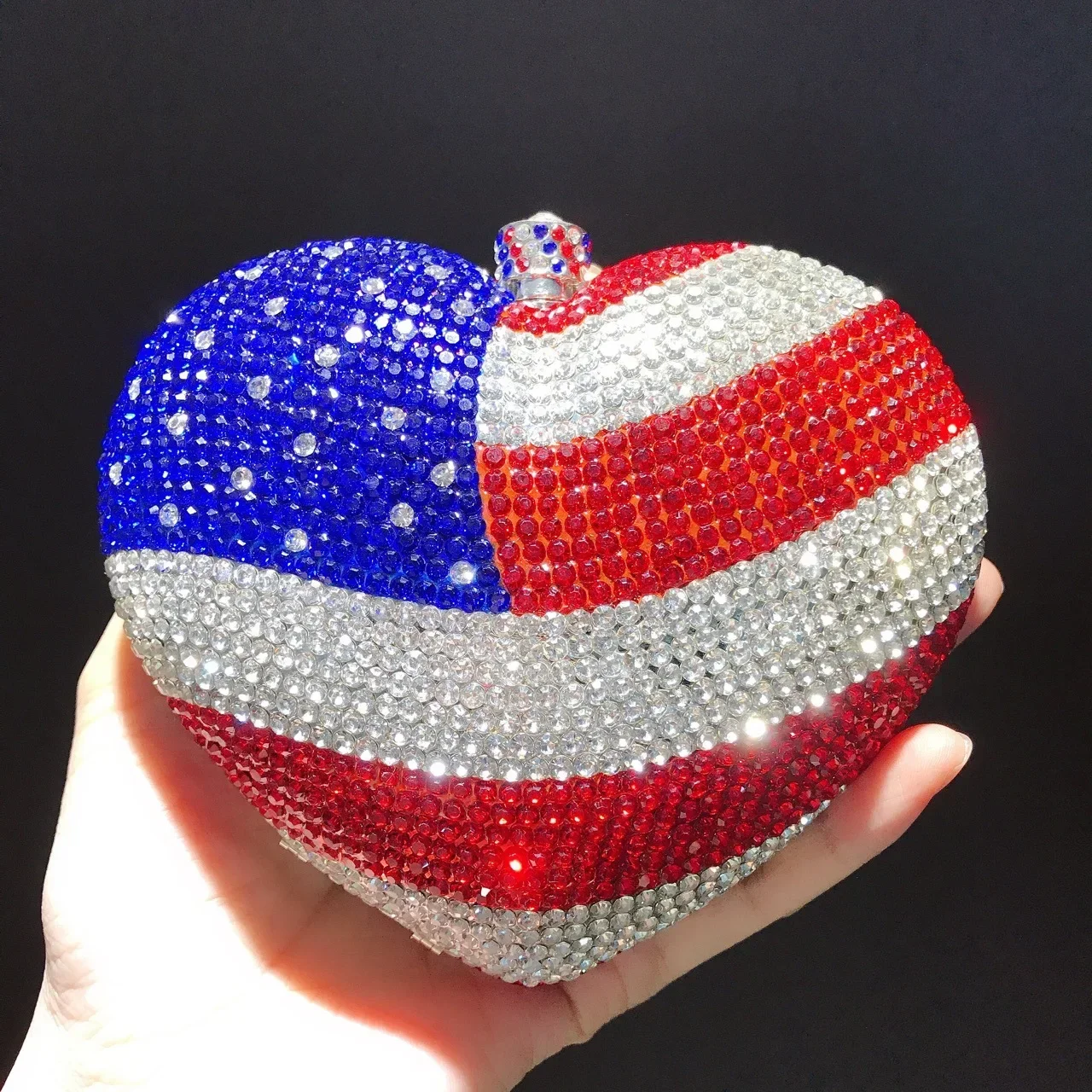 XIYUAN High Quality Heart Shape Flag Woman Silver Red Handbag Lady Party Wedding Crystal Clutch Evening Bag Diamond Female Purse