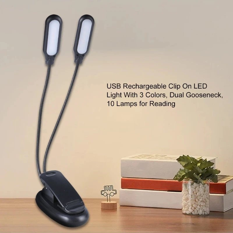 USB Rechargeable Clip LED Light with 2 Gooseneck for Reading Lamp Study Lamp