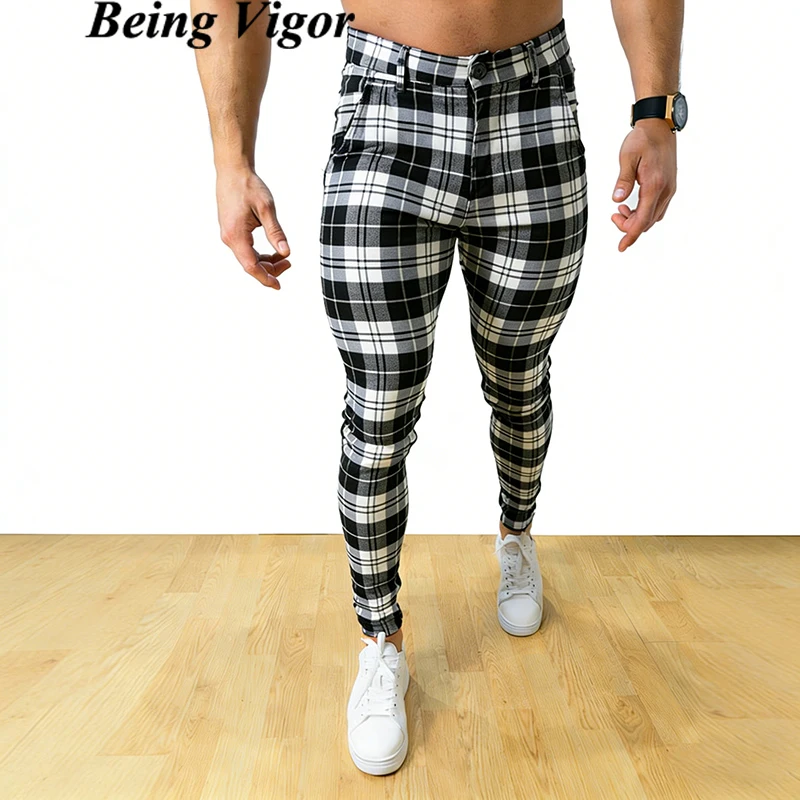 

Брюки мужские Стрейчевые в клетку, уличная одежда, штаны в клетку, облегающие деловые повседневные штаны, штаны в клетку